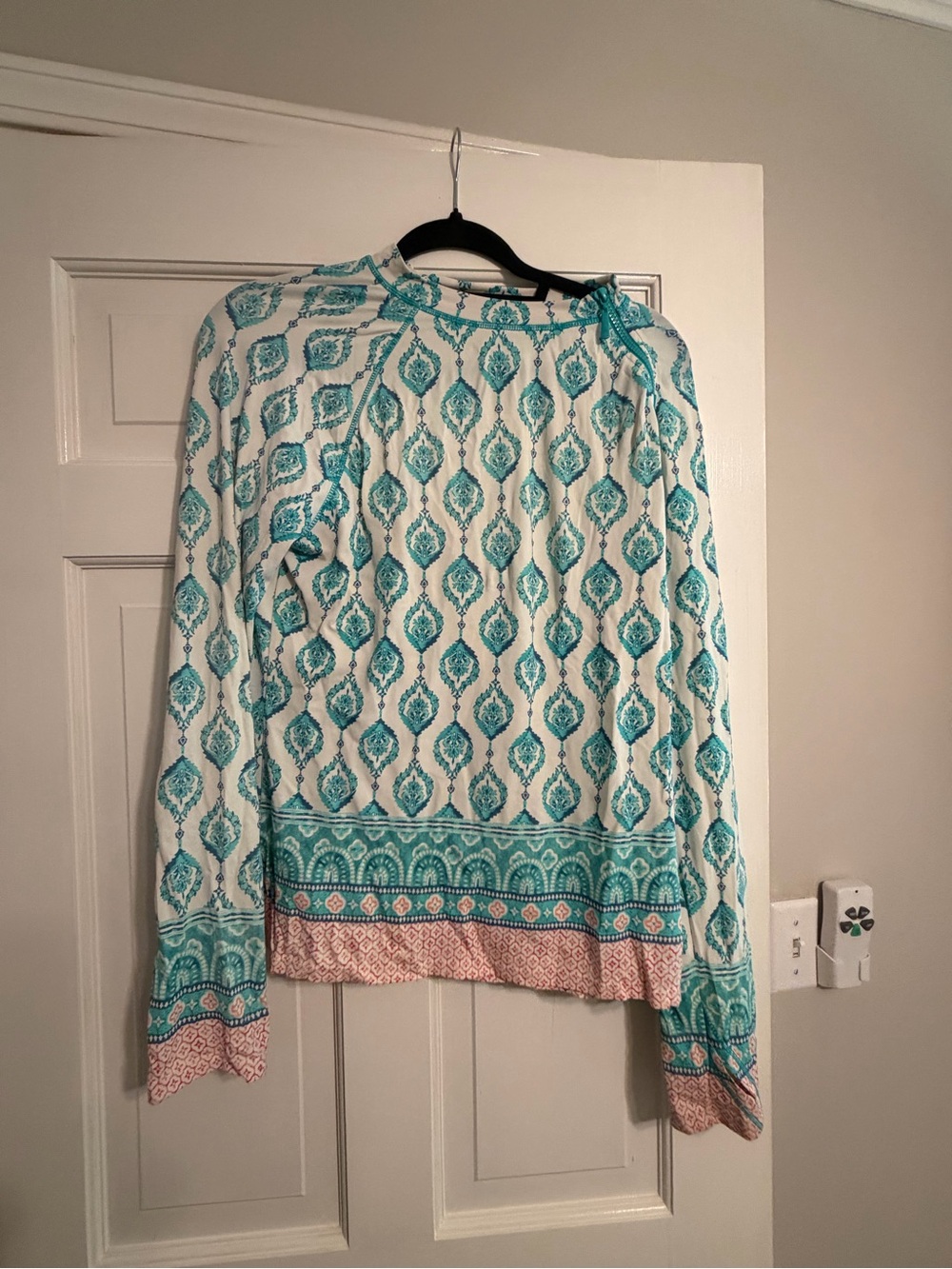 Cabana Life Teal and White Printed Swim Coverup with Pink Trim